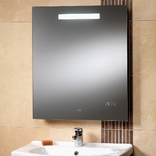 Rania Mirror with Back-Lit Light, LED Clock & Shaver Socket -
600 x 700mm
